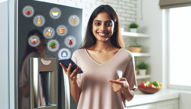 Une jeune femme souriante, téléphone à la main, devant un réfrigérateur moderne, avec des icônes d'aliments et d'applications flottant autour d'elle, suggérant la simplicité et l'organisation. Couleurs vives et ambiance lumineuse.