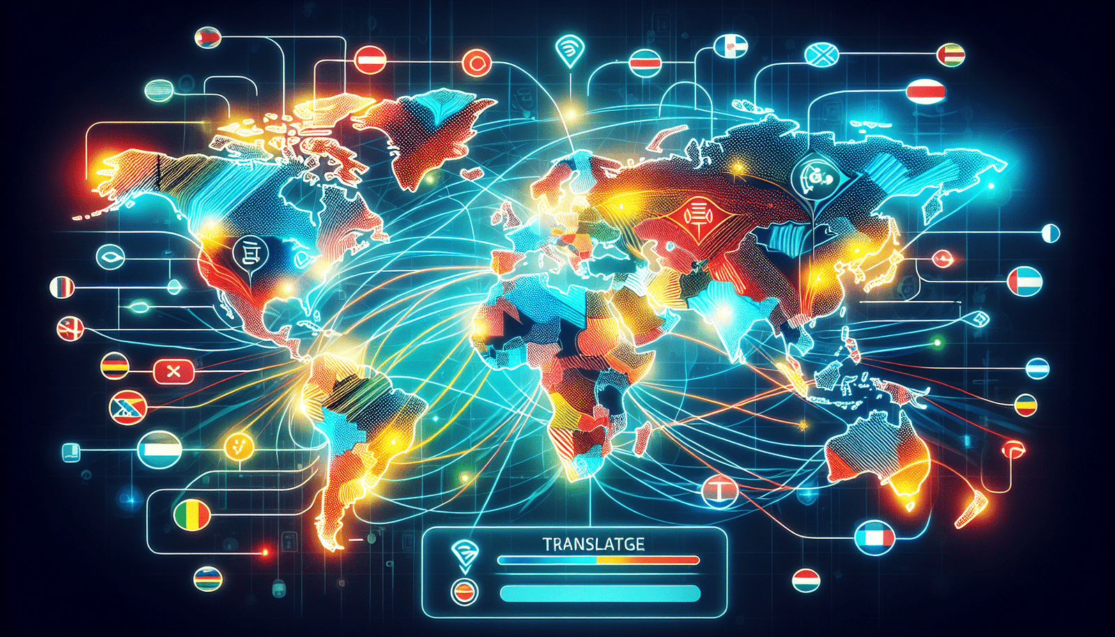 Une carte du monde stylisée avec des connexions lumineuses entre différents pays, symbolisant la communication et la traduction. Couleurs vives et modernes, avec une interface de traduction interactive en superposition.