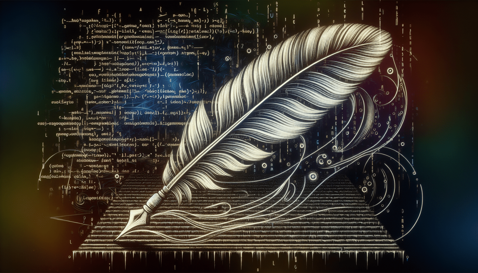 Une plume d'oie stylisée écrivant sur un parchemin virtuel, des lignes de code s'entremêlant aux lettres. Style visuel: mystique, créatif, littéraire, technologique