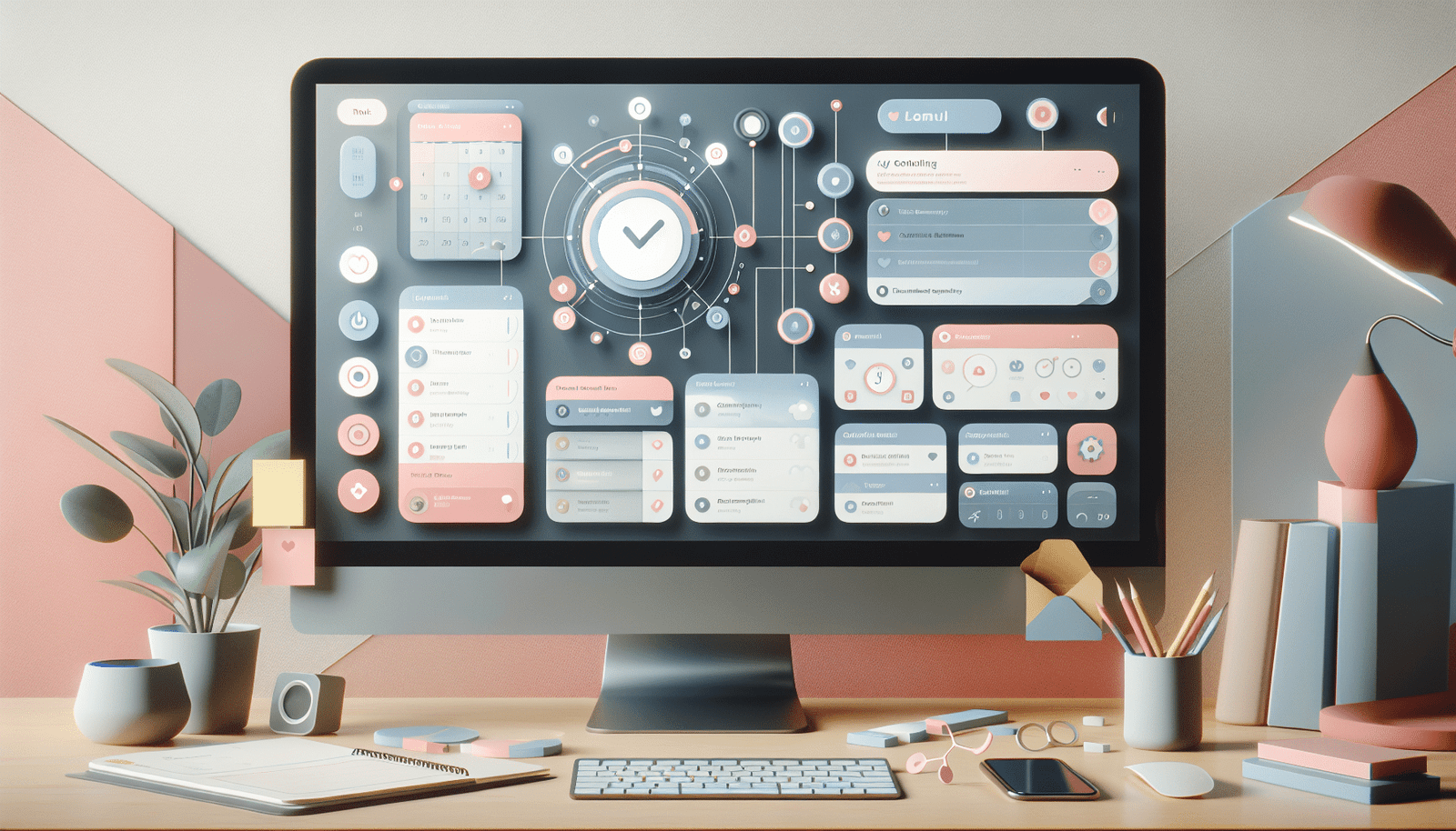 Un calendrier interactif et dynamique sur un écran d'ordinateur, avec des tâches organisées par couleur et des rappels intelligents qui apparaissent contextuellement. L'interface est intuitive et minimaliste, inspirée du Material Design. Ambiance productive et sereine, avec des tons pastel.