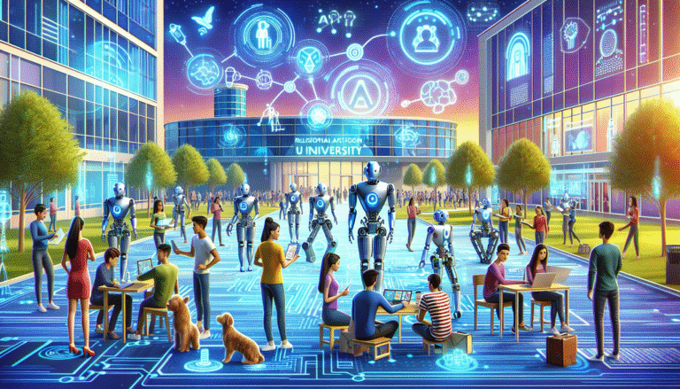 Illustration futuriste d'un campus universitaire high-tech avec des étudiants collaborant sur des projets d'IA, robots collaboratifs type Spot de Boston Dynamics et hologrammes interactifs en arrière-plan. Style vibrant et inspirant, ambiance réaliste et collaborative.