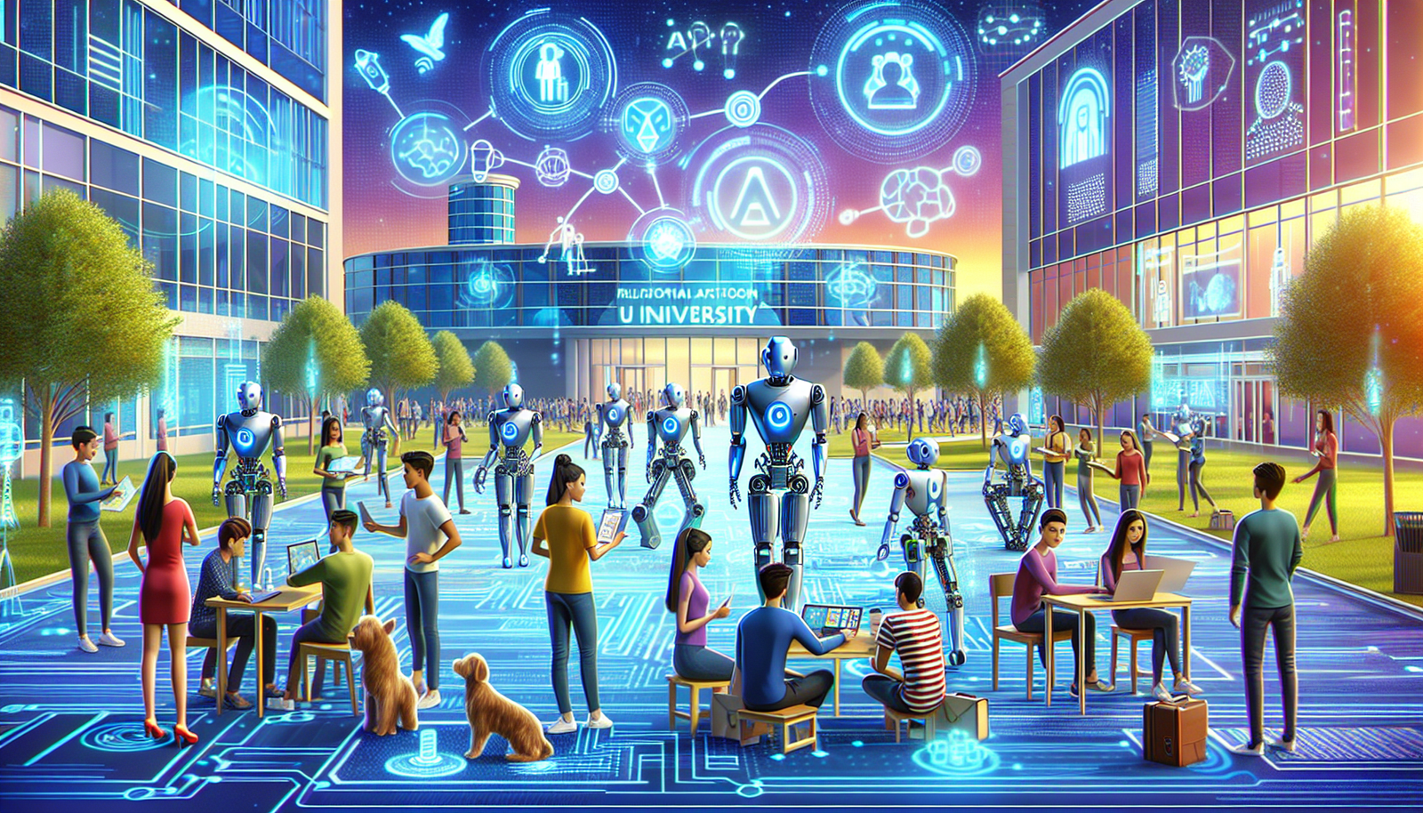 Illustration futuriste d'un campus universitaire high-tech avec des étudiants collaborant sur des projets d'IA, robots collaboratifs type Spot de Boston Dynamics et hologrammes interactifs en arrière-plan. Style vibrant et inspirant, ambiance réaliste et collaborative.