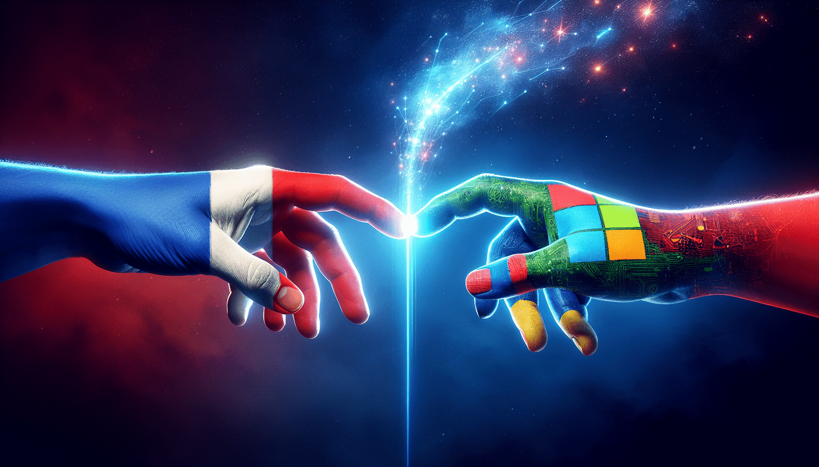 Deux mains (l'une aux couleurs de la France, l'autre aux couleurs de Microsoft) s'unissant et créant un faisceau de lumière numérique qui s'élève vers un ciel étoilé, symbolisant la collaboration, l'innovation et l'avenir de l'IA.