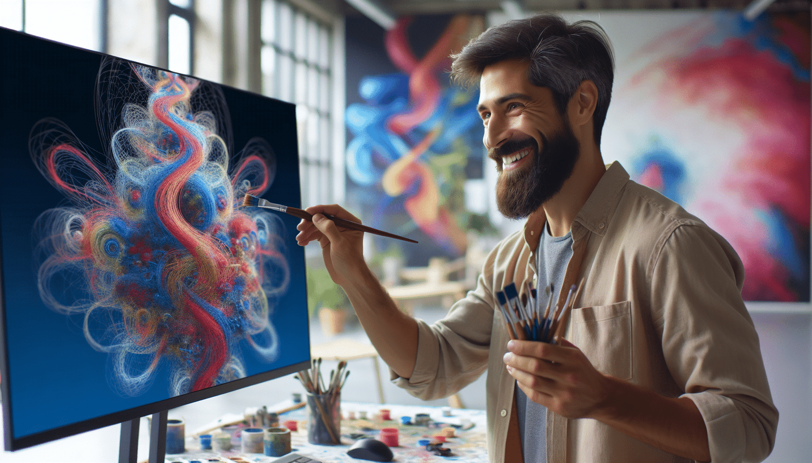 Un artiste contemporain, pinceau à la main, souriant, regardant un écran où des formes artistiques complexes et colorées se génèrent en temps réel, dans un atelier lumineux et créatif.