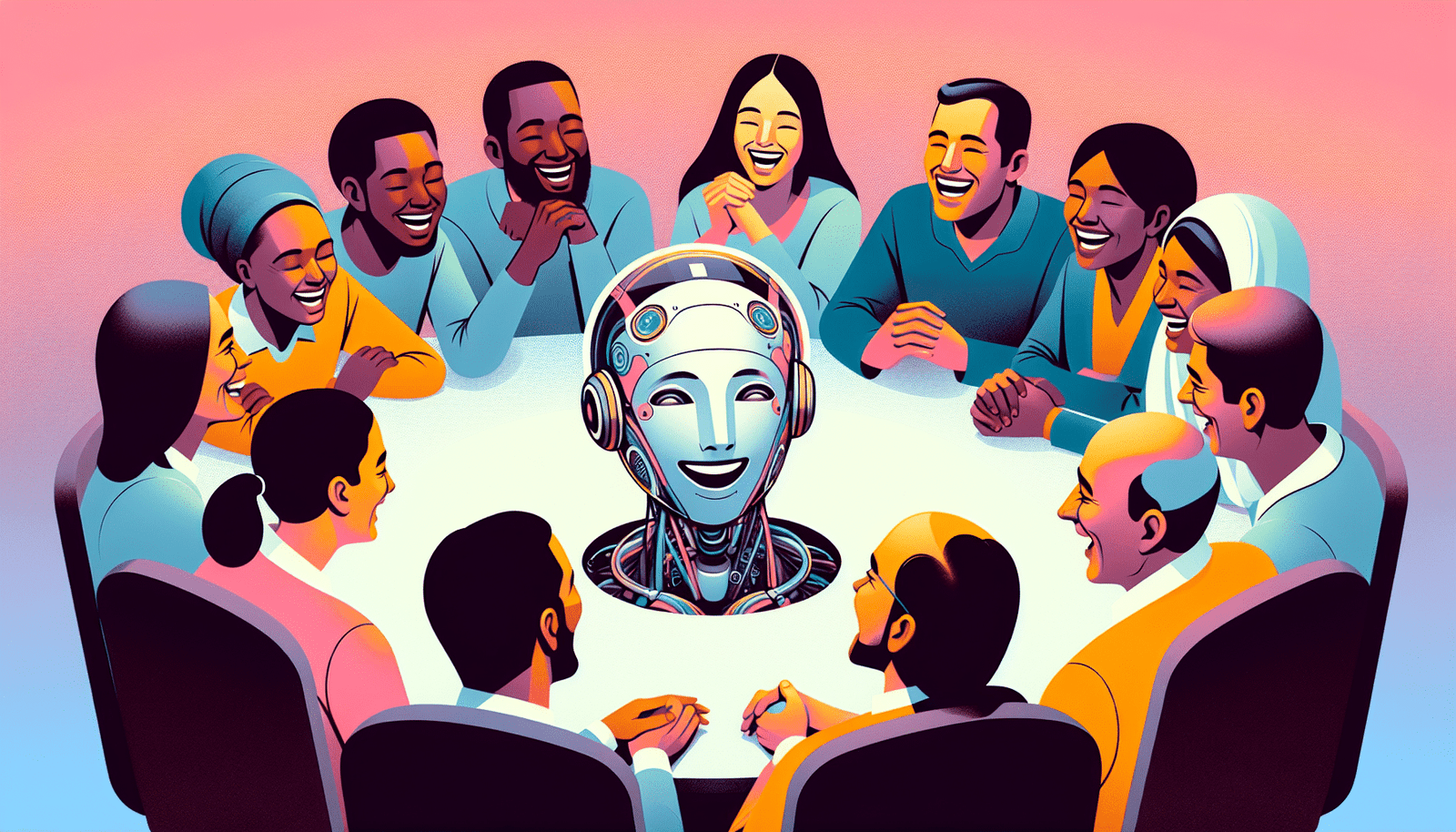 Représentation futuriste d'un groupe d'humains et de robots riant ensemble autour d'une table ronde.  Ambiance chaleureuse et conviviale. Couleurs pastel.  Les robots ont des expressions faciales nuancées, exprimant une joie authentique.