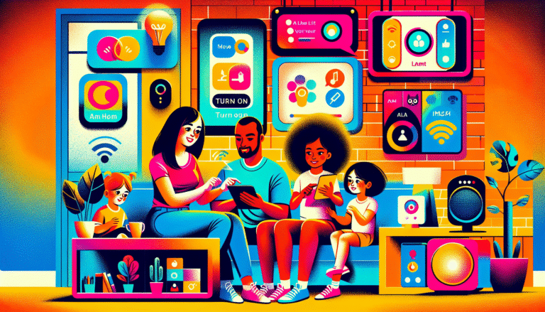Illustration stylisée et colorée d'une famille interagissant avec Google Assistant sur différents appareils dans une maison moderne et lumineuse. La mère demande à allumer les lumières, le père règle la musique, et les enfants interagissent avec un jeu éducatif sur une tablette. On voit des ampoules connectées Philips Hue, un thermostat intelligent Nest et une enceinte connectée Google Nest Hub. Style Discover : couleurs vives, visuels clairs, expressifs et positifs.