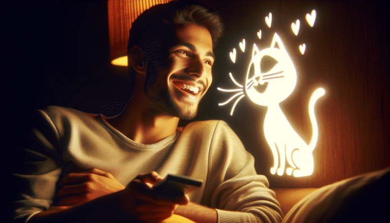 Une personne détendue sur un canapé, éclairée par la douce lumière d'un écran, une télécommande à la main, souriant à un chat stylisé qui lui souffle une suggestion de film à l'oreille. Ambiance cosy et chaleureuse.