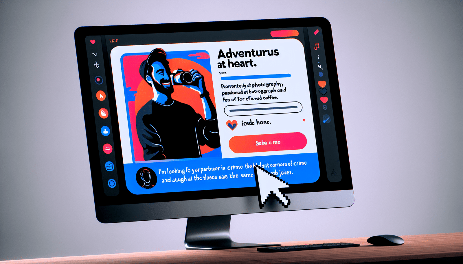 Un écran d’ordinateur affiche une interface d’édition de profil sur une appli de rencontre. Un curseur clignote à côté d'une bio percutante et originale, générée par une IA : "Aventurier dans l'âme, passionné de photographie et amateur de café glacé. Je cherche une partenaire de crime pour explorer les recoins cachés de la ville et rire des mêmes blagues nulles." Style graphique épuré et moderne, couleurs vives et contrastées.