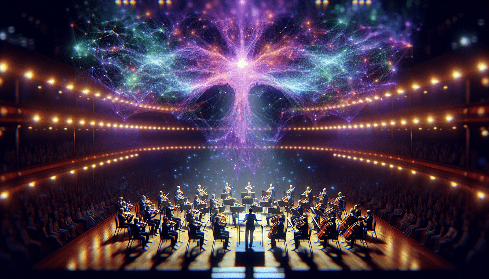 Un orchestre symphonique jouant sur une scène illuminée. Au-dessus d'eux, une représentation visuelle d'un réseau neuronal, scintillant de couleurs vives. Atmosphère majestueuse et technologique.