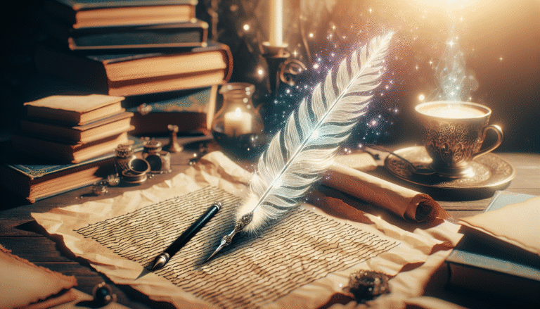 Une plume stylisée écrivant sur un parchemin virtuel, avec des étincelles et une lumière douce. Style "hero image" inspirant, ambiance atelier d'écrivain avec des livres anciens et une tasse de café fumante.