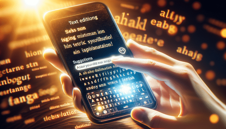 Une main tenant un smartphone affichant une interface de rédaction avec des suggestions de texte générées par une IA, le tout baigné d'une lumière chaude et inspirante.