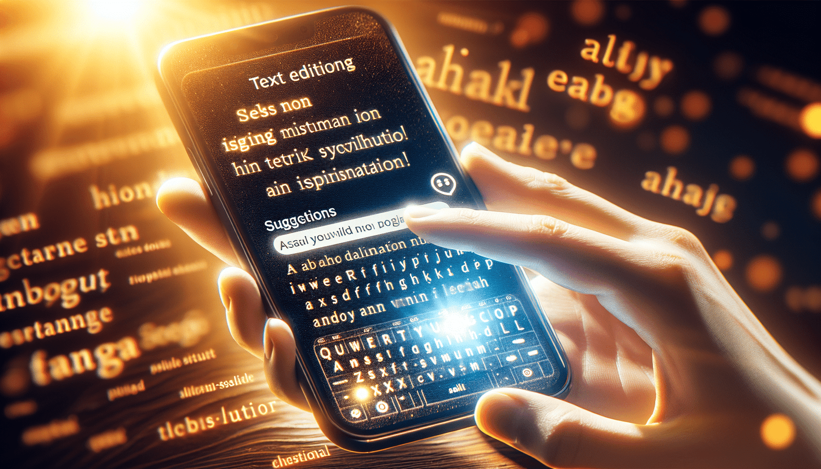 Une main tenant un smartphone affichant une interface de rédaction avec des suggestions de texte générées par une IA, le tout baigné d'une lumière chaude et inspirante.