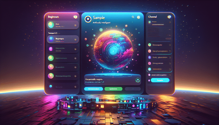 Capture d'écran stylisée du serveur Discord de Midjourney v5.2, ambiance colorée et futuriste, mettant en avant l'interface utilisateur et les canaux newbies, avec exemples d'images générées par l'IA en haute résolution (style --ar 16:9), >1920px