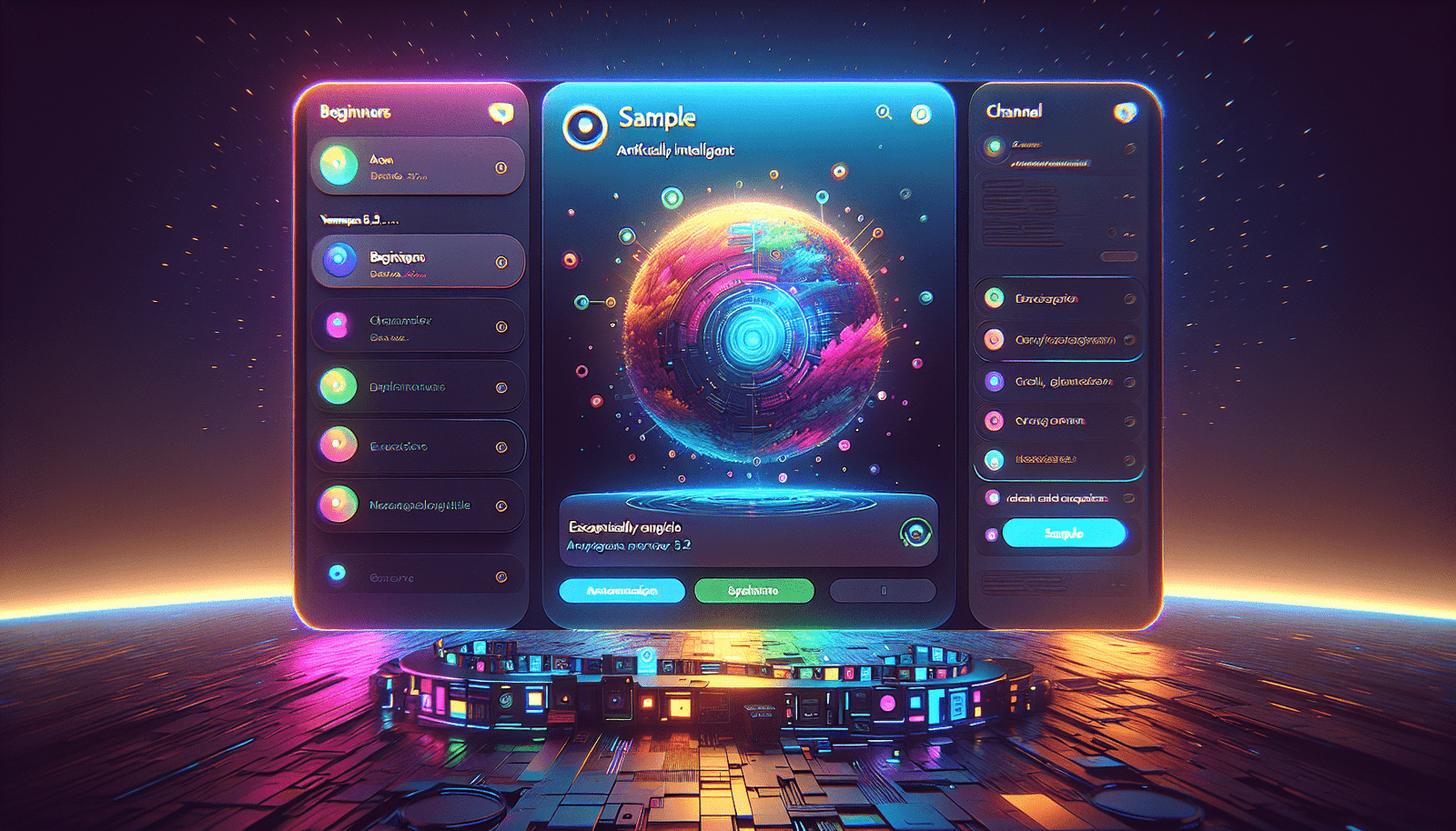 Capture d'écran stylisée du serveur Discord de Midjourney v5.2, ambiance colorée et futuriste, mettant en avant l'interface utilisateur et les canaux newbies, avec exemples d'images générées par l'IA en haute résolution (style --ar 16:9), >1920px