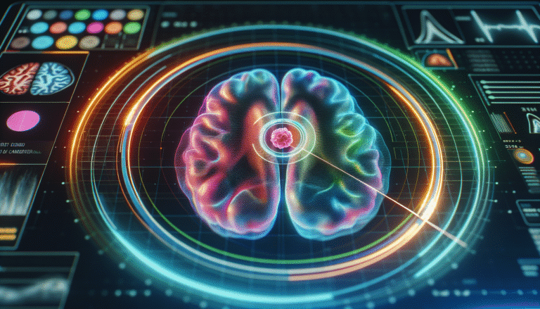 Gros plan stylisé et coloré d'un scanner cérébral sur un écran, avec une interface IA superposée qui met en évidence une tumeur. L'image doit évoquer la précision et l'espoir. On peut imaginer un léger halo lumineux autour de la tumeur détectée.