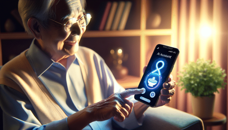 visuel Discover >1200px, une personne âgée souriante discutant naturellement avec son smartphone, l'écran affichant une interface Assistant fluide et personnalisée, avec des symboles de compréhension et d'empathie. Lumière douce et chaleureuse.