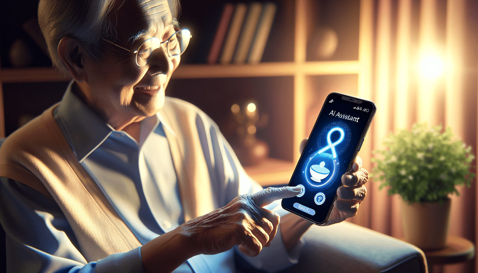 visuel Discover >1200px, une personne âgée souriante discutant naturellement avec son smartphone, l'écran affichant une interface Assistant fluide et personnalisée, avec des symboles de compréhension et d'empathie. Lumière douce et chaleureuse.