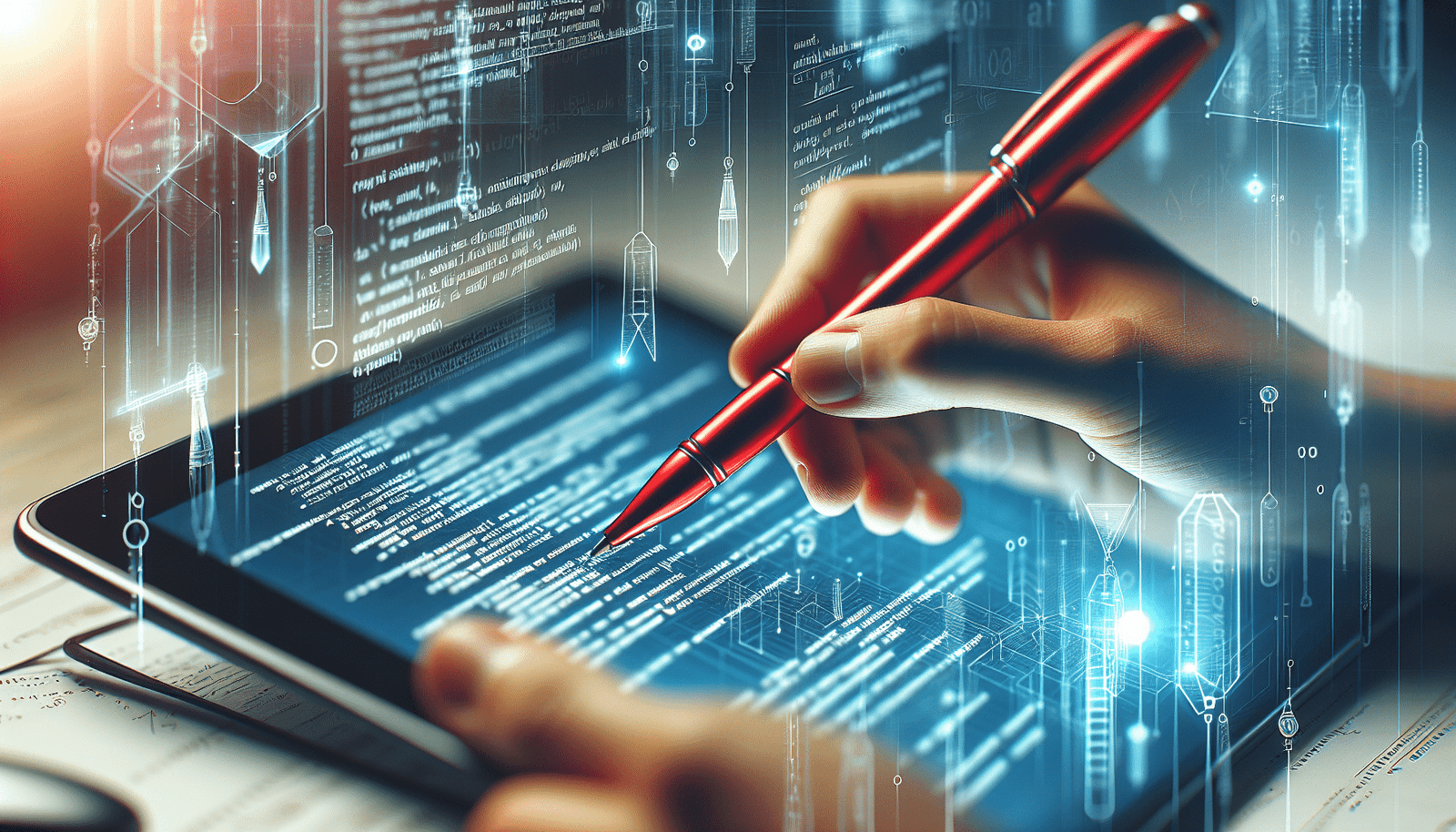 Un stylo rouge corrigeant un devoir sur une tablette, avec des lignes de code et des algorithmes en arrière-plan, style image futuriste et épurée