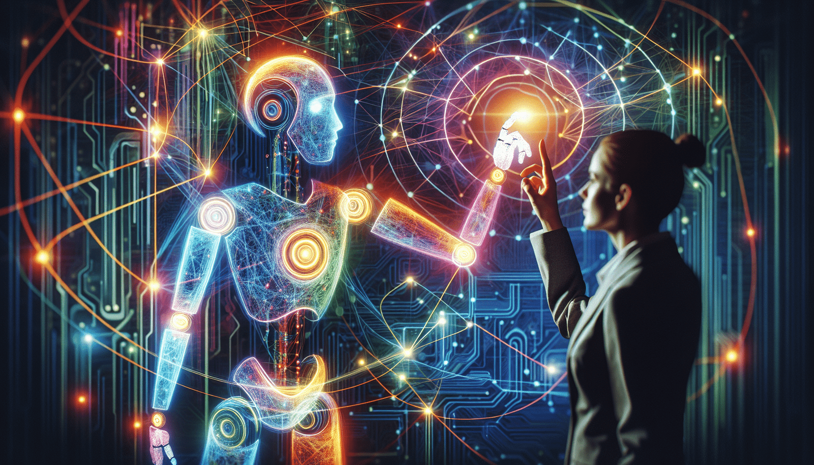Représentation visuelle abstraite et colorée de l'apprentissage par imitation d'Optimus : un humain effectue un mouvement, des lignes lumineuses se connectent à Optimus qui reproduit le mouvement, ambiance technologique et moderne.