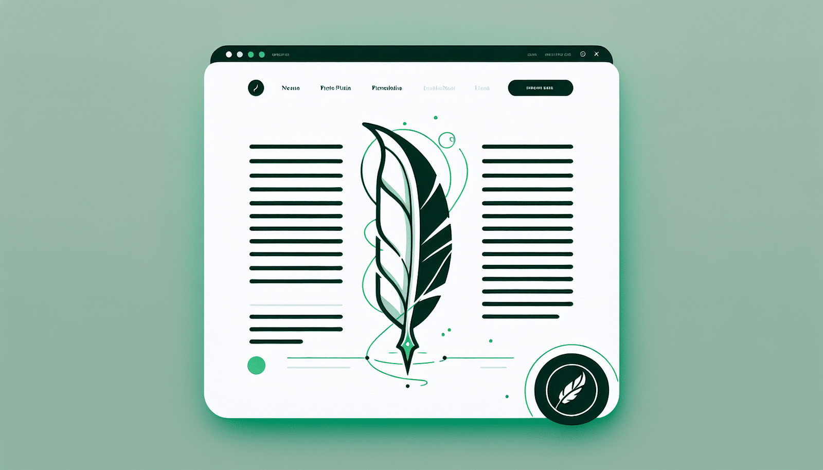 Une page web avec un texte parfaitement mis en forme et sans erreurs, surlignée par des touches de vert.  Une petite icône discrète représentant un stylo plume avec un éclair stylisé est visible en bas à droite. Couleurs apaisantes et professionnelles, style minimaliste.