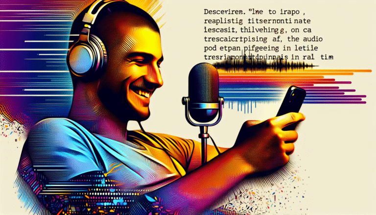Une personne souriante, détendue, écoutant un podcast sur son téléphone, avec une représentation visuelle stylisée de la transcription audio en texte qui s'affiche en temps réel. Couleurs vives et lumineuses. Format Discover >1200px
