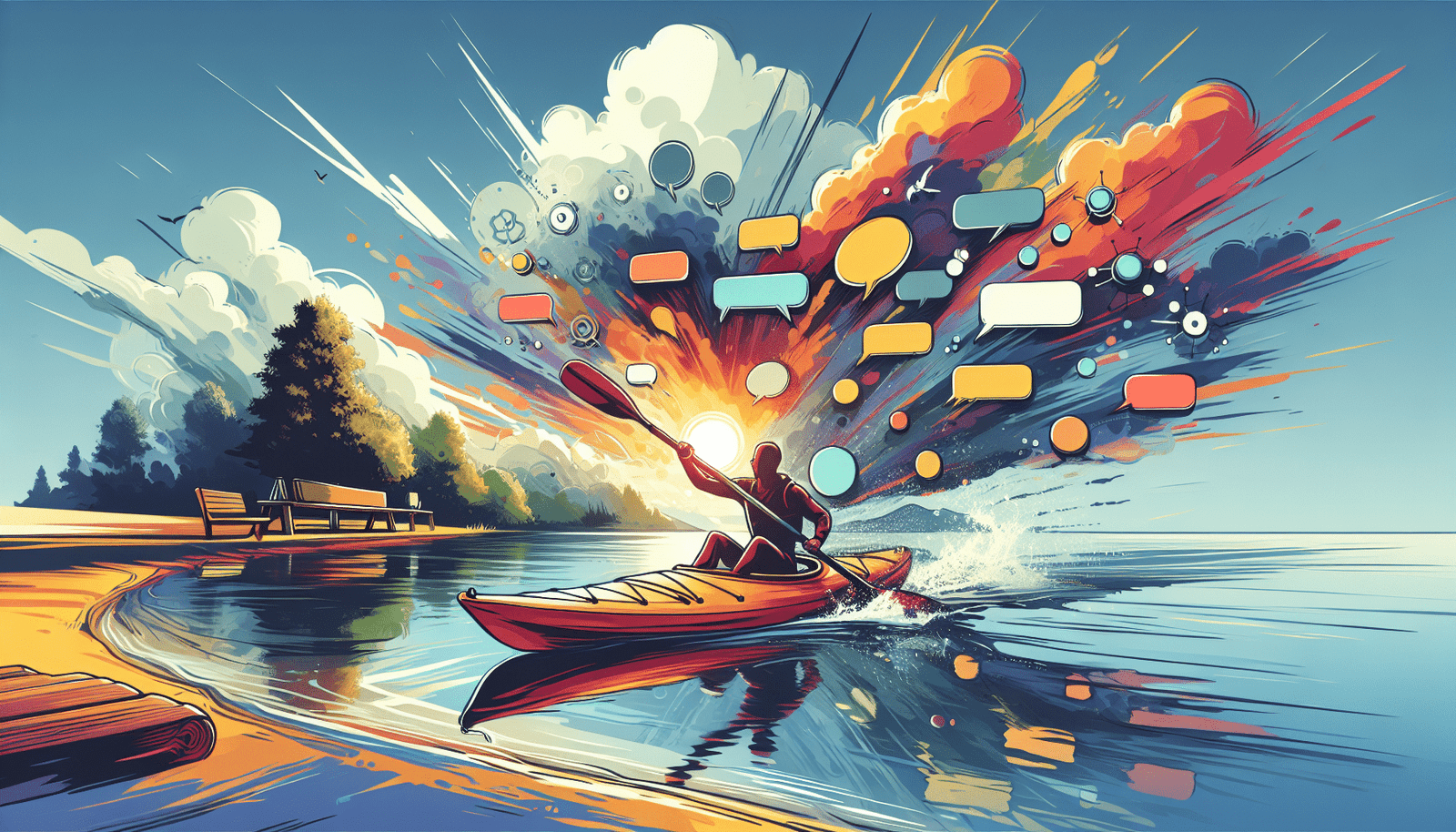 Illustration style Discover représentant une personne en train de faire du kayak sur un lac magnifique, avec un encadré ChatGPT suggérant des activités de plein air.  Ambiance dynamique et inspirante. Couleurs vibrantes.  Format >1200px.