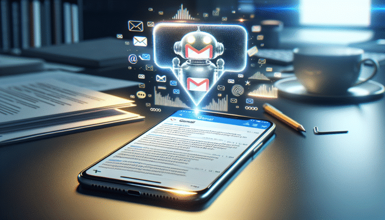 visuel Discover >1200px, Un smartphone moderne avec l'application Gmail ouverte, montrant un e-mail long et complexe au-dessus duquel flotte une bulle de texte stylisée, lumineuse, contenant un résumé concis généré par IA, symbolisée par un petit robot amical ou des ondes de pensée. L'arrière-plan est légèrement flou, un bureau encombré de documents, suggérant la surcharge d'information. Lumière vive, couleurs modernes et énergiques.