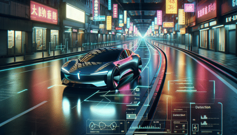 Vue de nuit d'une Tesla avancée naviguant sur une autoroute futuriste éclairée par des néons, avec des indicateurs visuels de l'IA en action (lignes de détection, données superposées), ambiance cyberpunk et technologique.