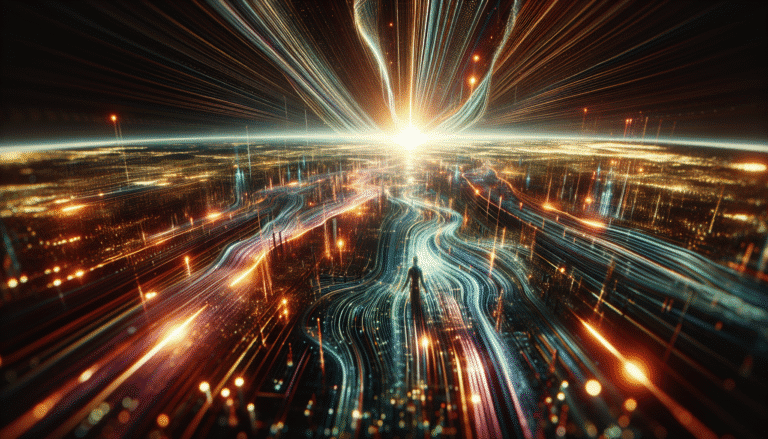 Une interface futuriste de ChatGPT avec des ondes lumineuses se propageant vers une foule de personnes diverses à travers le monde, symbolisant son impact mondial et ses milliards d'utilisateurs. Les lumières sont vives et engageantes, l'ambiance est à la fois innovante et légèrement mystérieuse, avec une touche de bienveillance.
