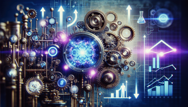 Une illustration futuriste et lumineuse montrant des engrenages d'IA s'imbriquant avec des icônes de business (flèches de croissance, graphique, main serrant une autre main) sur un fond bleu-violet, symbolisant l'innovation et la prospérité pour l'année 2025.