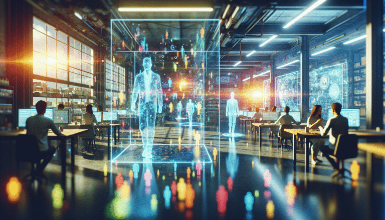 Une scène futuriste et lumineuse où des humains interagissent harmonieusement avec des hologrammes et des interfaces IA intuitives, des données flottent de manière esthétique autour d'eux, symbolisant l'intégration de l'IA dans la vie quotidienne et professionnelle en 2025. Couleurs vives et technologie avancée, ambiance sereine et productive.