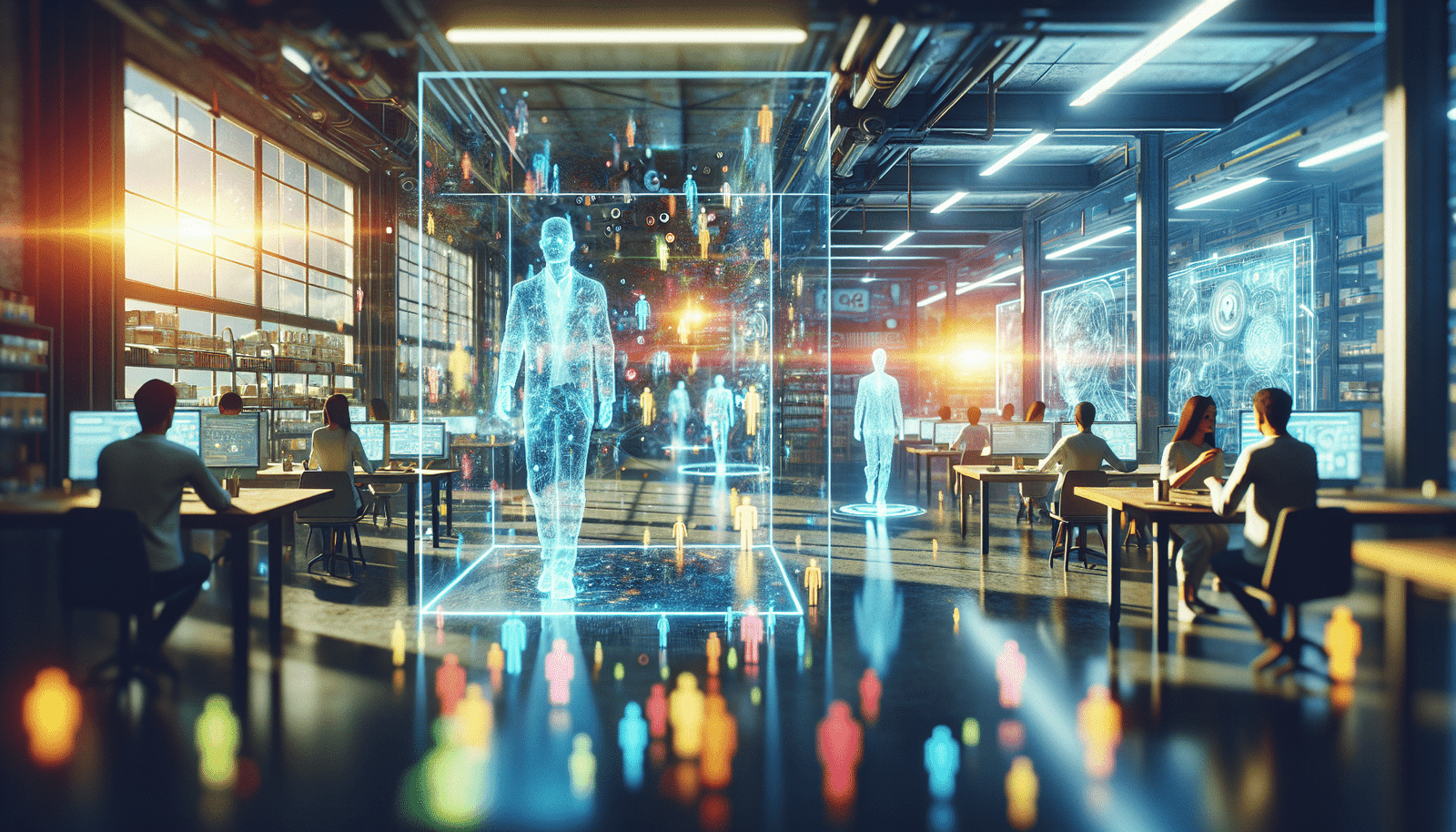 Une scène futuriste et lumineuse où des humains interagissent harmonieusement avec des hologrammes et des interfaces IA intuitives, des données flottent de manière esthétique autour d'eux, symbolisant l'intégration de l'IA dans la vie quotidienne et professionnelle en 2025. Couleurs vives et technologie avancée, ambiance sereine et productive.