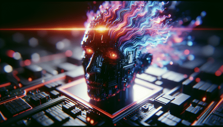Une interface futuriste de ChatGPT avec des ondes lumineuses émanant d'un modèle d'IA au centre, symbolisant l'évolution et la puissance. Couleurs vives, high-tech, ambiance de découverte technologique.
