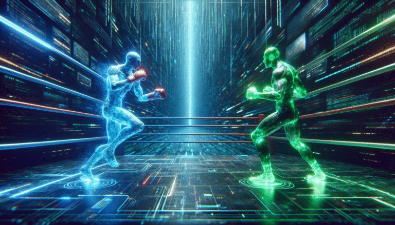 A vibrant, dynamic illustration depicting a digital boxing ring with abstract representations of Google Bard (blue glowing entity) and OpenAI ChatGPT (green glowing entity) squaring off, surrounded by swirling data points and code. High-tech, competitive atmosphere, symbolizing the AI rivalry.