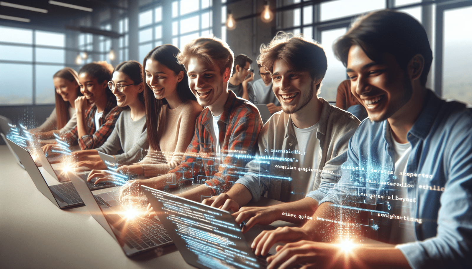 Un groupe d'étudiants diversifiés, souriants et engagés, utilisant des ordinateurs portables dans un environnement moderne et lumineux de salle de classe ou de coworking. Des graphiques subtils symbolisant le code, les données et le "prompt engineering" flottent autour d'eux, évoquant l'apprentissage, la collaboration et l'innovation dans le domaine de l'IA.