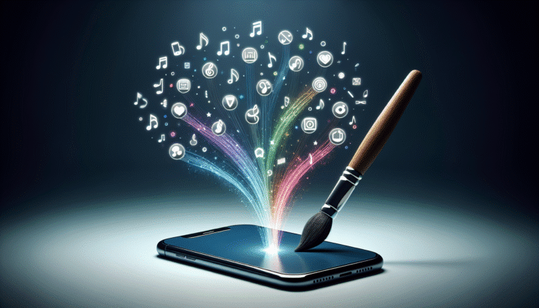 visuel Discover >1200px, Un smartphone stylisé émettant des flux de données lumineux vers diverses icônes d'applications Meta (Facebook, Instagram, WhatsApp) transformées en symboles créatifs (pinceau, note de musique, appareil photo), le tout dans un style futuriste et épuré.