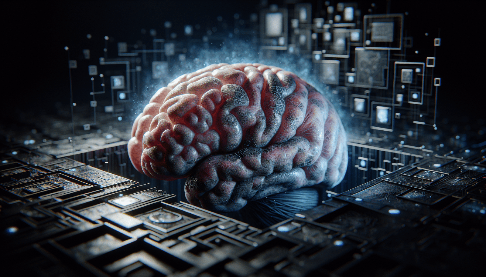 Un cerveau humain stylisé avec des zones sombres ou moins actives, symbolisant la déconnexion, entouré d'interfaces numériques froides et géométriques. L'image dégage une ambiance légèrement dystopique mais subtile, focalisée sur la perte de spontanéité mentale ou la surcharge d'informations.