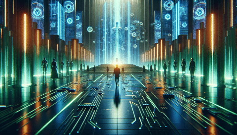 Une entreprise futuriste, symbolisant l'invincibilité, bâtie sur des piliers lumineux d'intelligence artificielle, avec des flux de données et des engrenages numériques en arrière-plan, style cyberpunk épuré et optimiste. Couleurs bleues et vertes vives.