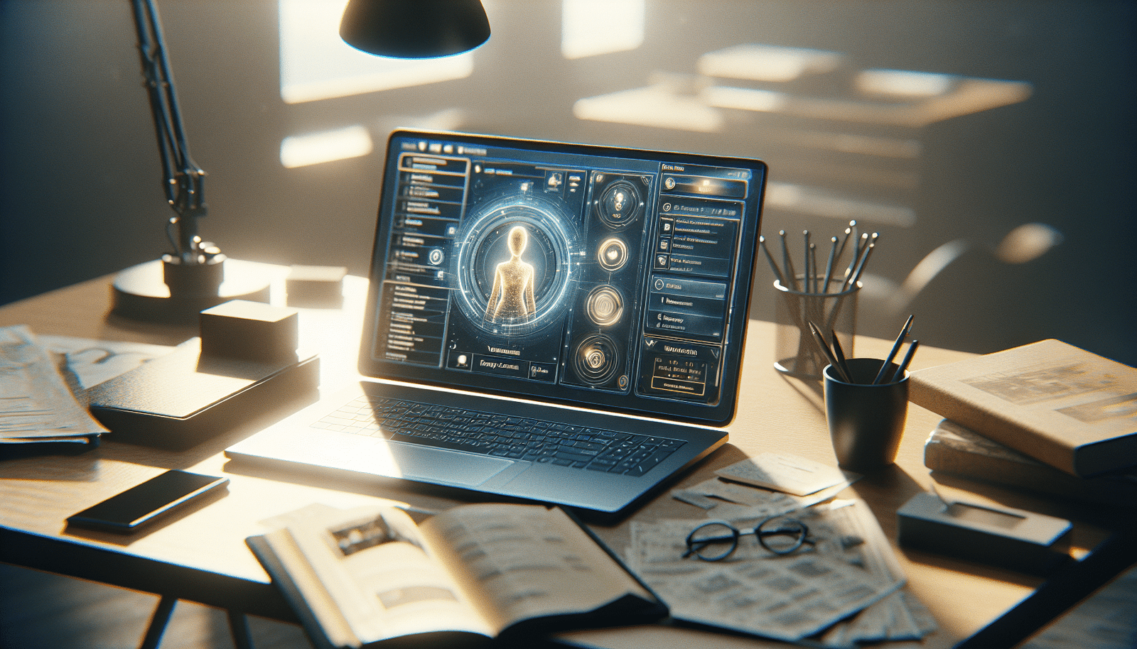 Un bureau moderne et épuré avec un ordinateur portable. Un assistant virtuel stylisé, représenté par un avatar lumineux ou une interface utilisateur futuriste sur l'écran, gère plusieurs tâches administratives de manière fluide (calendrier, emails, documents). L'éclairage est doux, l'ambiance est professionnelle et efficiente.