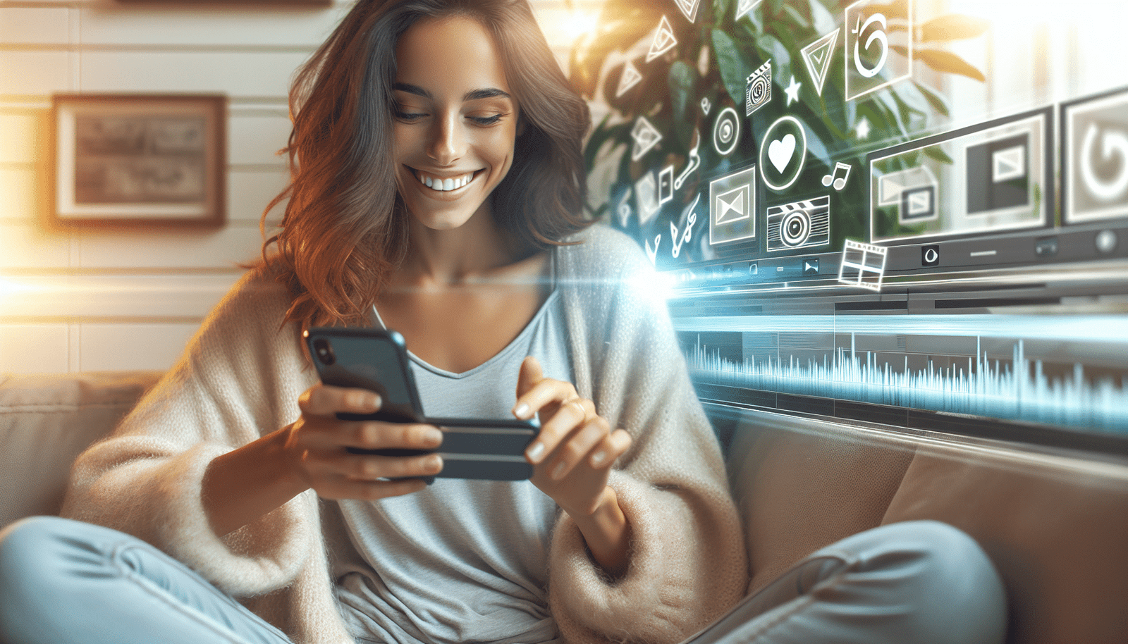 Une jeune femme créative, souriante, assise confortablement sur un canapé, utilisant son smartphone pour éditer une vidéo avec l'application CapCut. Des éléments graphiques légers et dynamiques (icônes d'édition, timeline vidéo) flottent autour de l'écran du téléphone, suggérant la facilité d'utilisation. Ambiance lumineuse et inspirante.