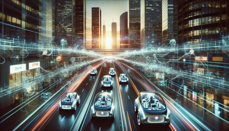 A dynamic, futuristic image showing sleek, autonomous robotaxis seamlessly navigating a vibrant city street at dusk. Digital data streams and AI neural networks glow around them, with a subtle integration of abstract elements representing the logos of Uber and Pony.ai, symbolizing innovation, competition, and the future of urban mobility.