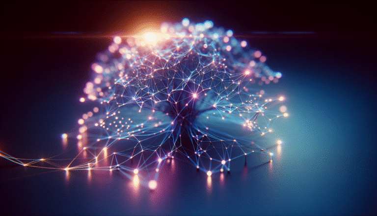 Un réseau neuronal abstrait et futuriste avec des connexions lumineuses, symbolisant la complexité et l'innovation de l'intelligence artificielle, sur un fond dégradé de bleu et violet.