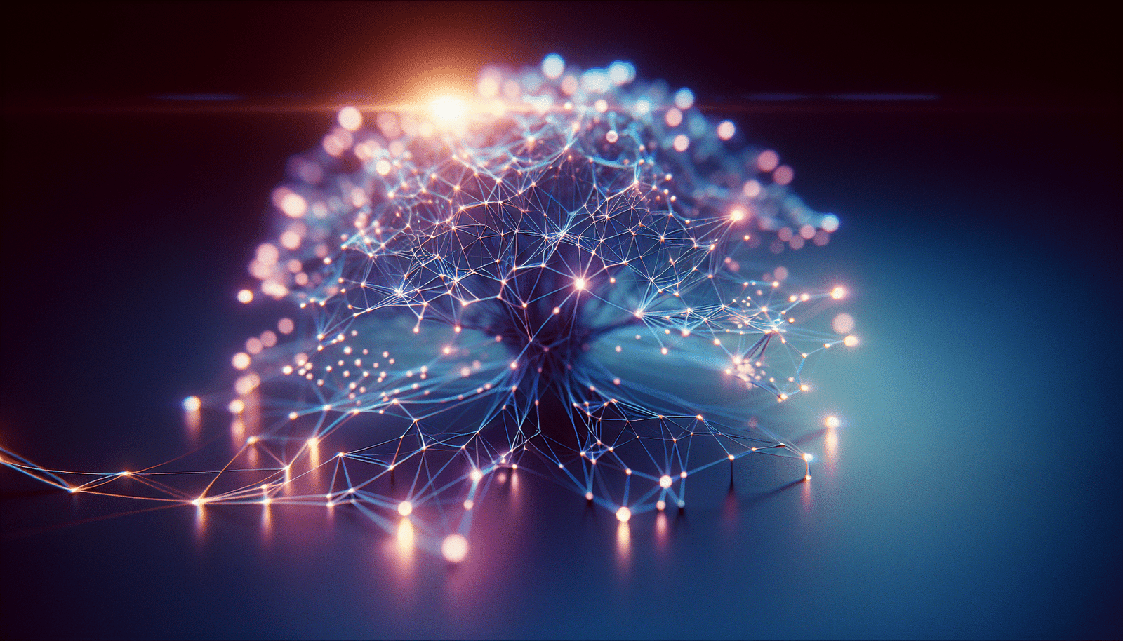 Un réseau neuronal abstrait et futuriste avec des connexions lumineuses, symbolisant la complexité et l'innovation de l'intelligence artificielle, sur un fond dégradé de bleu et violet.