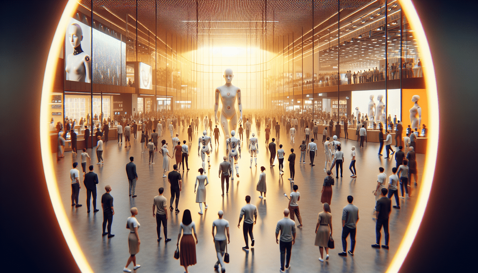 A vibrant, futuristic exhibition hall teeming with diverse innovators and advanced AI prototypes, showcasing a blend of human-computer interaction and cutting-edge technology, with a focus on health and societal impact, vibrant colors, dynamic atmosphere, wide angle shot, 8k, realistic.