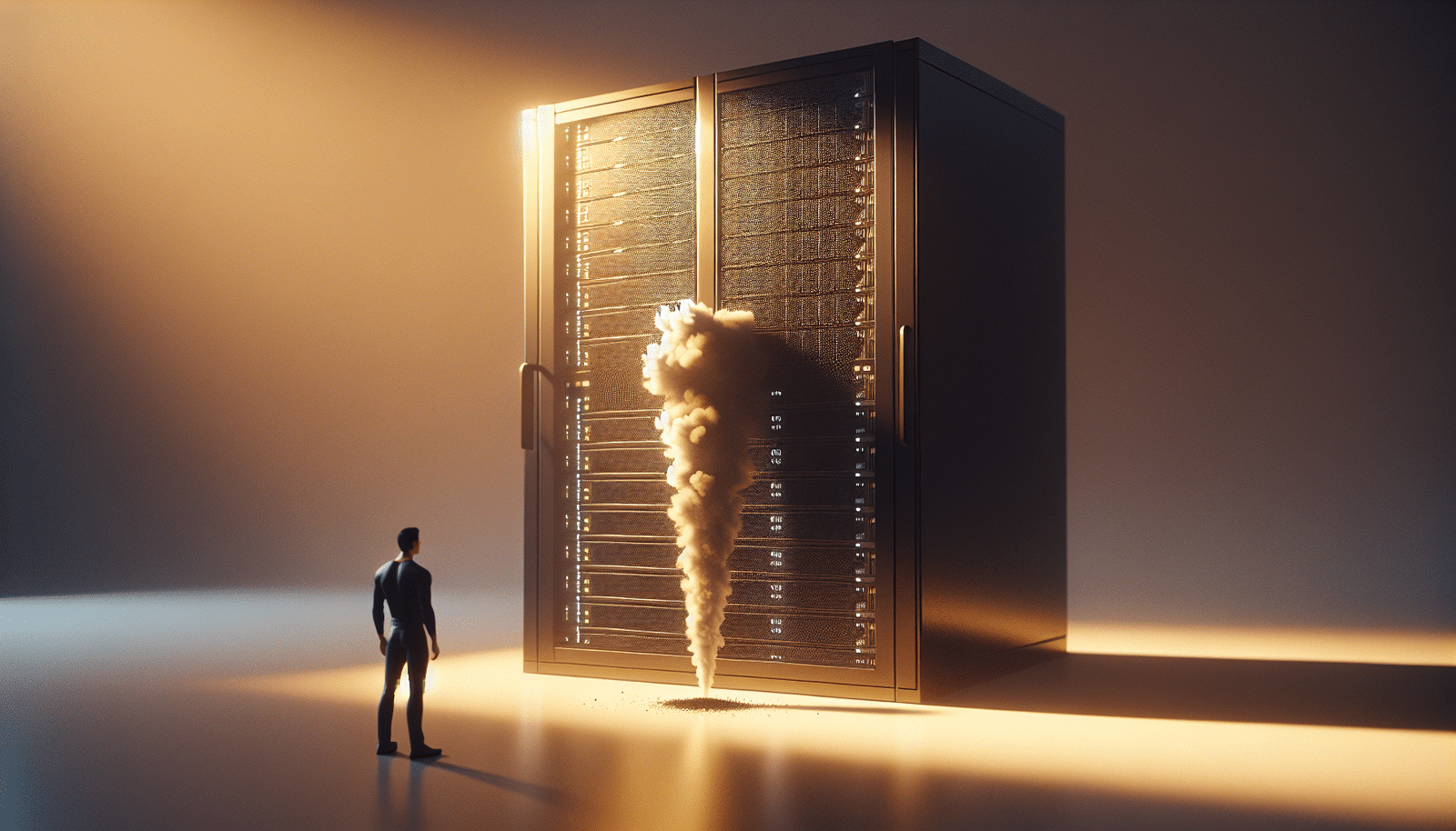 A large, imposing server rack or data center array, subtly emitting a small amount of dark, conceptual smoke or carbon particles, contrasting with a clean, futuristic aesthetic. A small, stylized human silhouette stands nearby, dwarfed by the scale of the emissions.