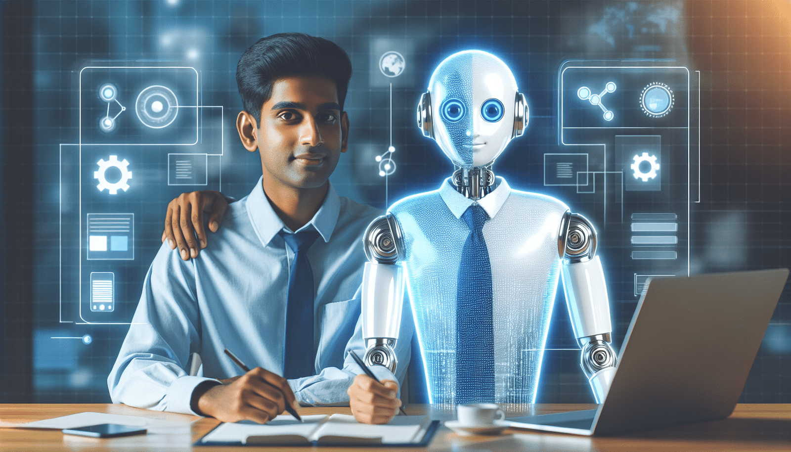 Un chef de projet humain et un avatar IA stylisé (robot amical ou hologramme lumineux) travaillant côte à côte sur un tableau de bord numérique partagé. L'ambiance est collaborative et efficace, avec des graphiques clairs et des icônes d'outils numériques. Style moderne et engageant.