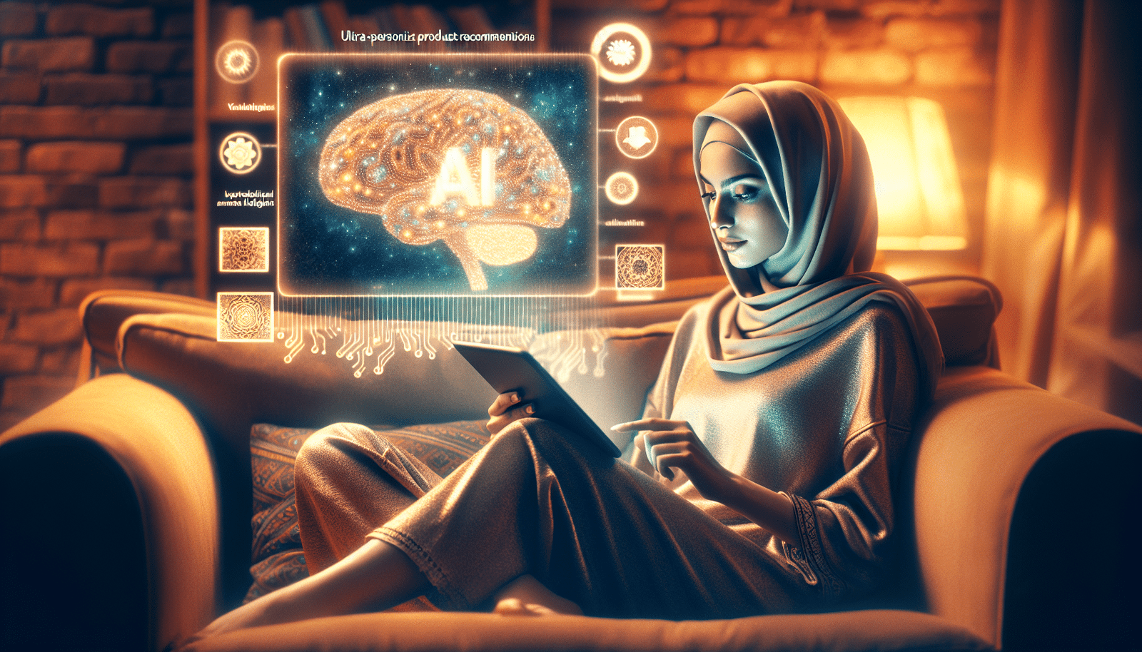 Un consommateur moderne, détendu sur un canapé, naviguant sur une tablette lumineuse affichant des recommandations de produits ultra-personnalisées générées par l'IA, avec des algorithmes visuellement représentés comme un réseau neuronal stylisé en arrière-plan, dans une ambiance chaleureuse et technologique.