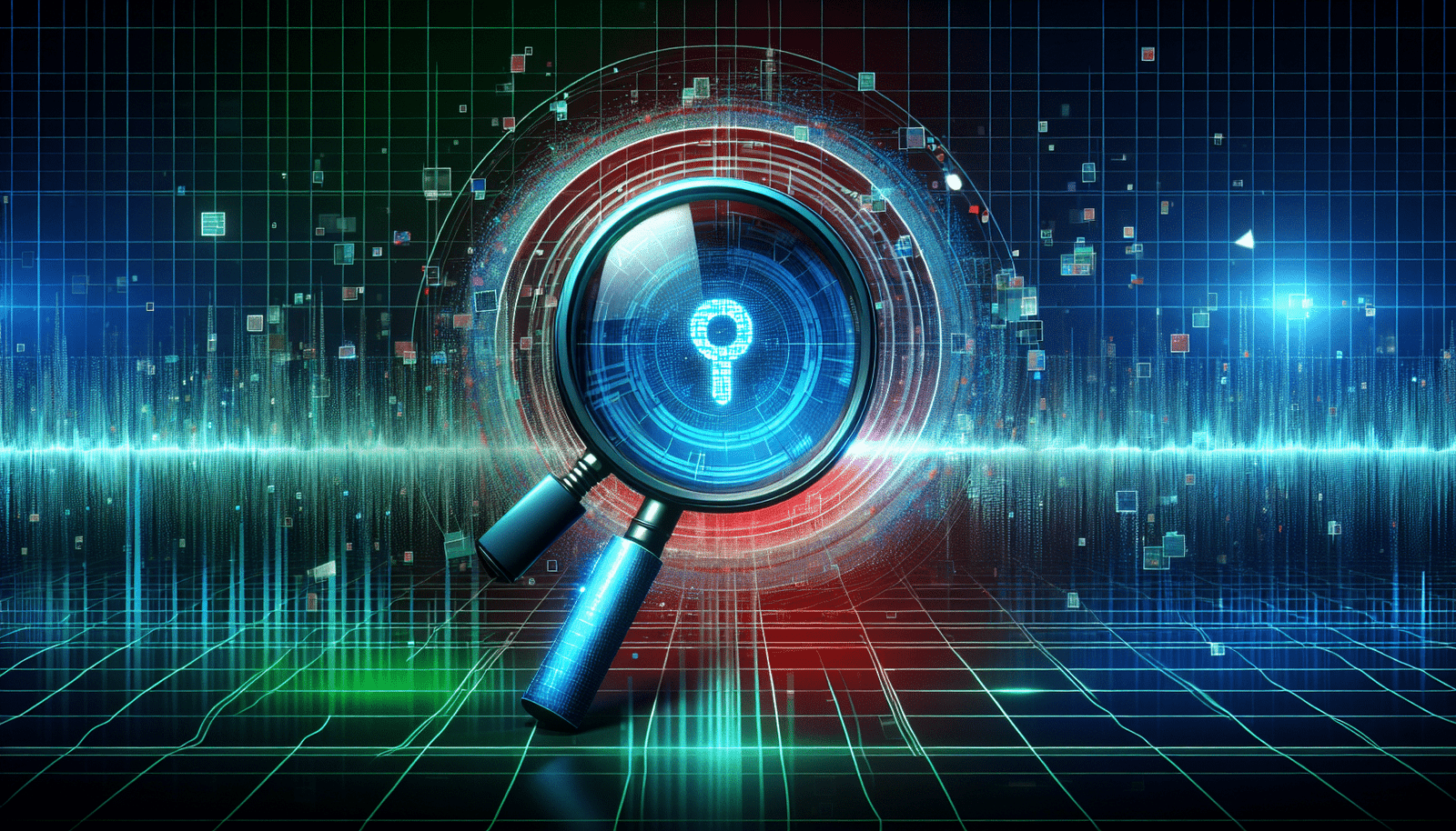 Visuel Discover d'une loupe numérique stylisée affichant un hologramme d'informations vérifiées et authentiques, contrastant avec des ondes sonores déformées et des fragments d'images pixelisées en arrière-plan, symbolisant la désinformation. La loupe est entourée d'un halo lumineux, évoquant la clarté et la vérité. Couleurs bleues et vertes vives pour l'authenticité, rouges et oranges sombres pour le faux. Ambiance de détection et de protection.