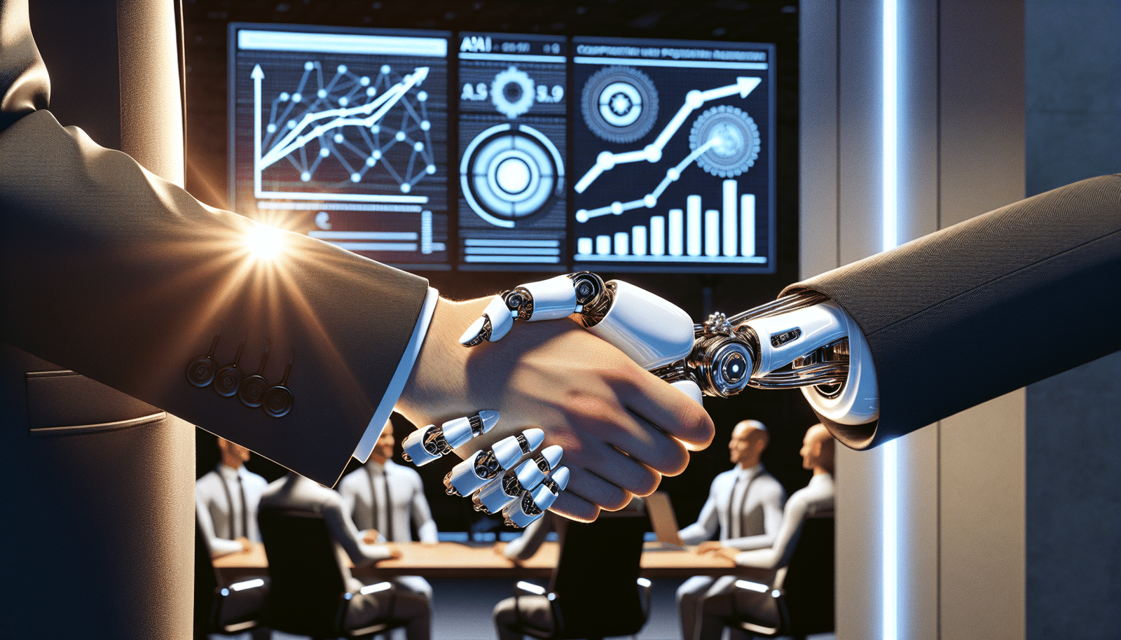 Une main robotique et une main humaine se serrant, symbolisant la collaboration et l'intégration de l'IA dans le travail. En arrière-plan, une salle de classe numérique avec des écrans affichant des graphiques d'IA et des courbes de progression.