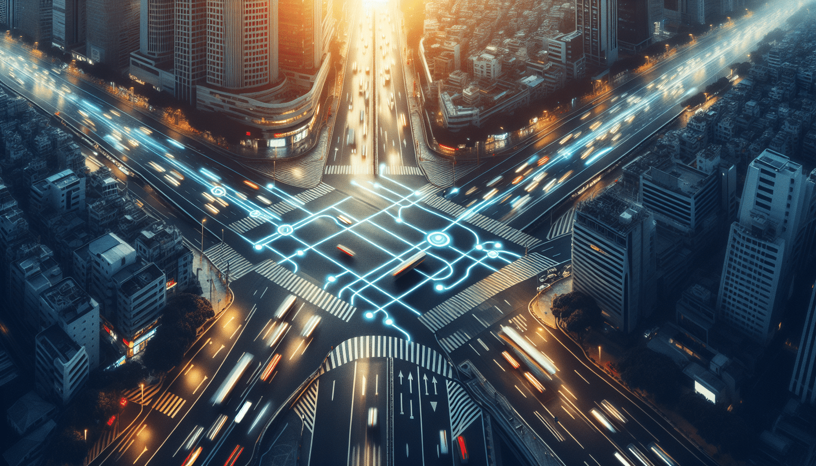 Vue aérienne stylisée d'une intersection de ville intelligente, avec des feux de signalisation connectés qui changent de couleur de manière fluide et intelligente. Des lignes lumineuses symbolisent le flux de trafic optimisé. Ambiance urbaine et moderne.